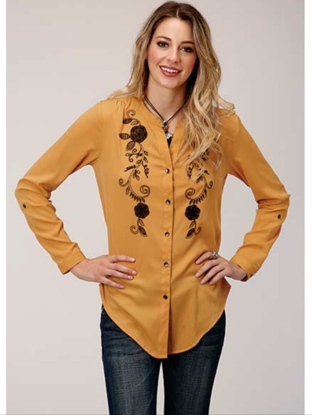 ROPER | Mustard Yellow Floral Chain Stitch Button Up Roll Tab Sleeve Shirt - S